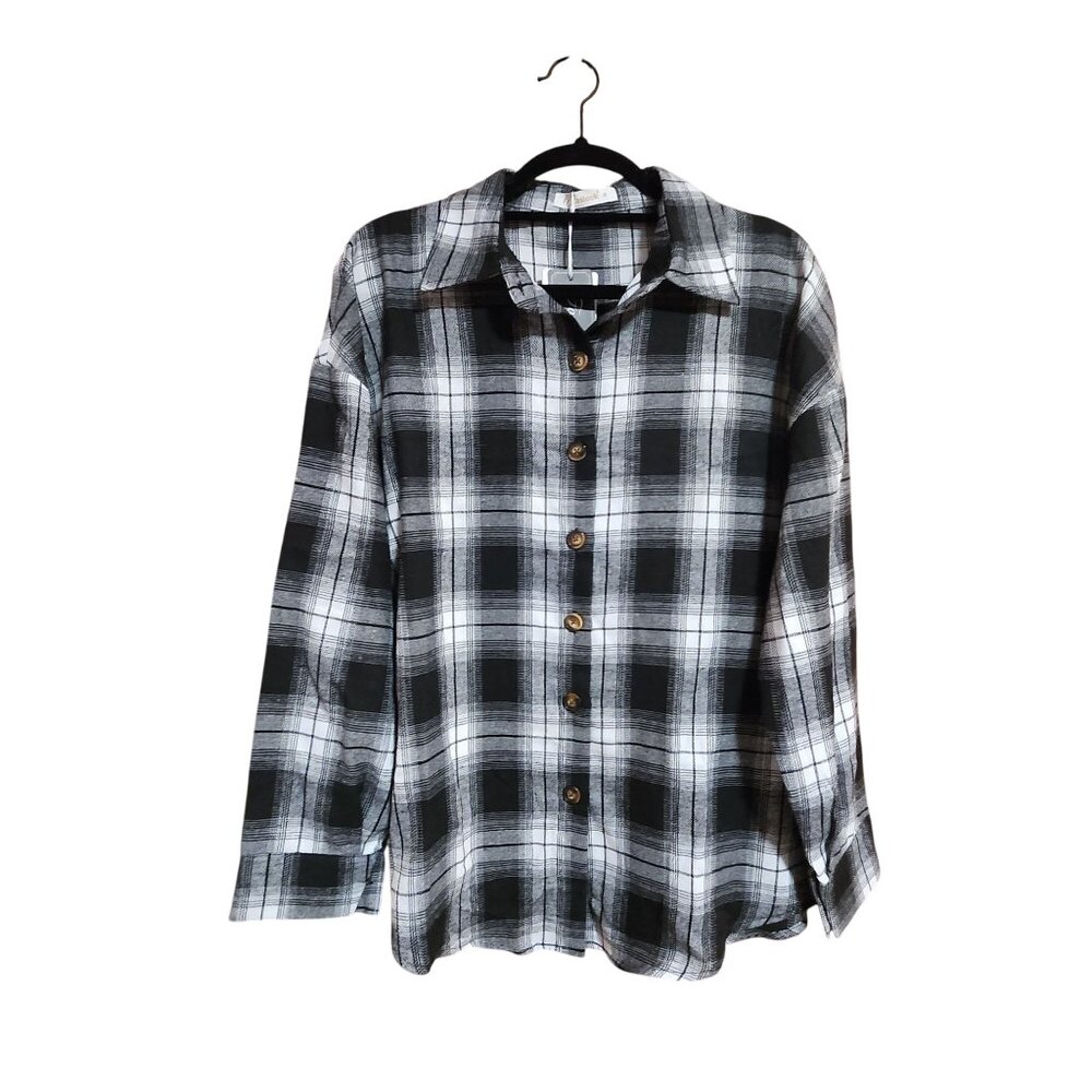 Plaid Black & White Button-Up Long Sleeve Shirt Womens Size S By Faslook